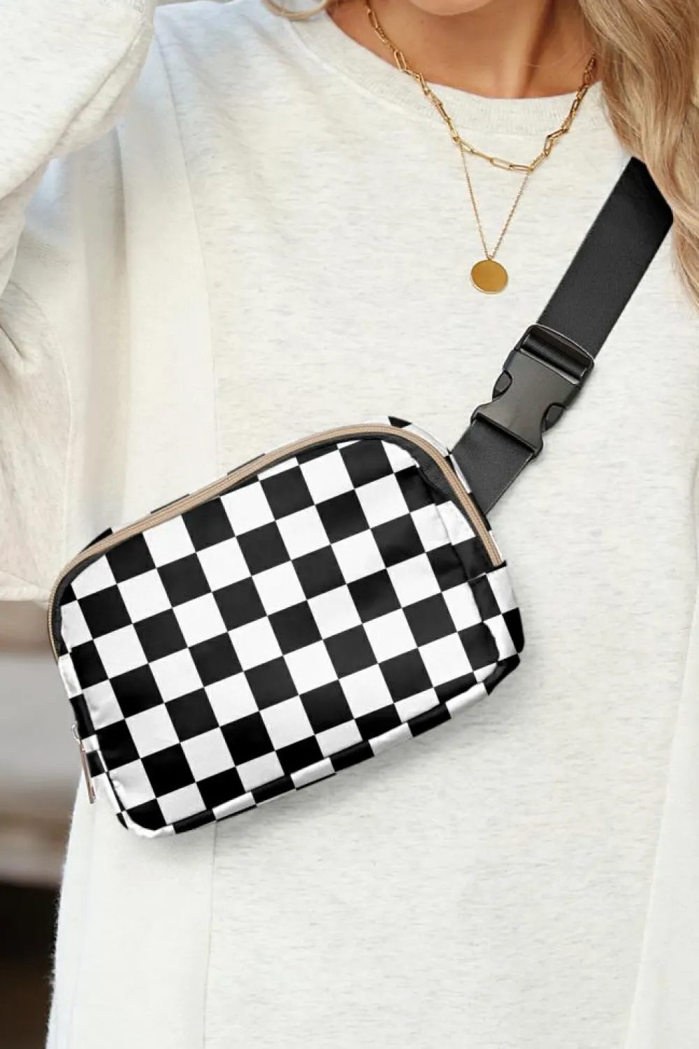 Best Dear-Lover Checkered Print Buckle Wide Belt Crossbody Bag White