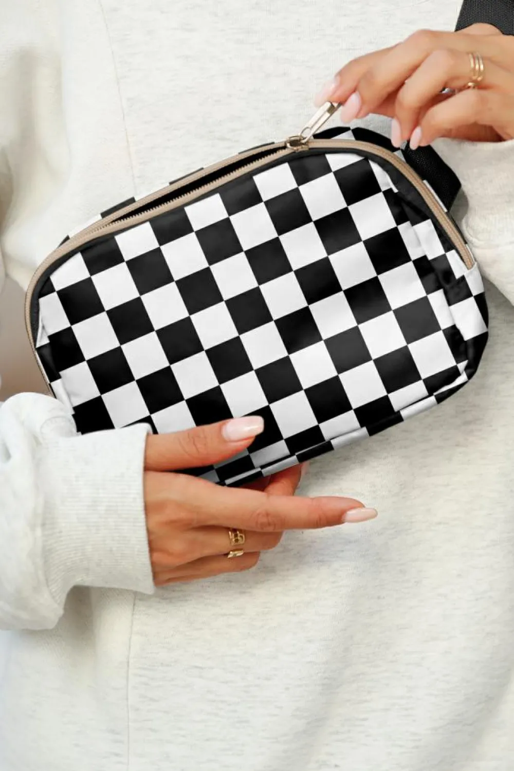 Best Dear-Lover Checkered Print Buckle Wide Belt Crossbody Bag White