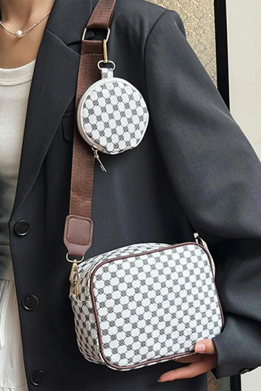 Hot Dear-Lover Checkered Print PU Leather Shoulder Bag with Coin Wallet White