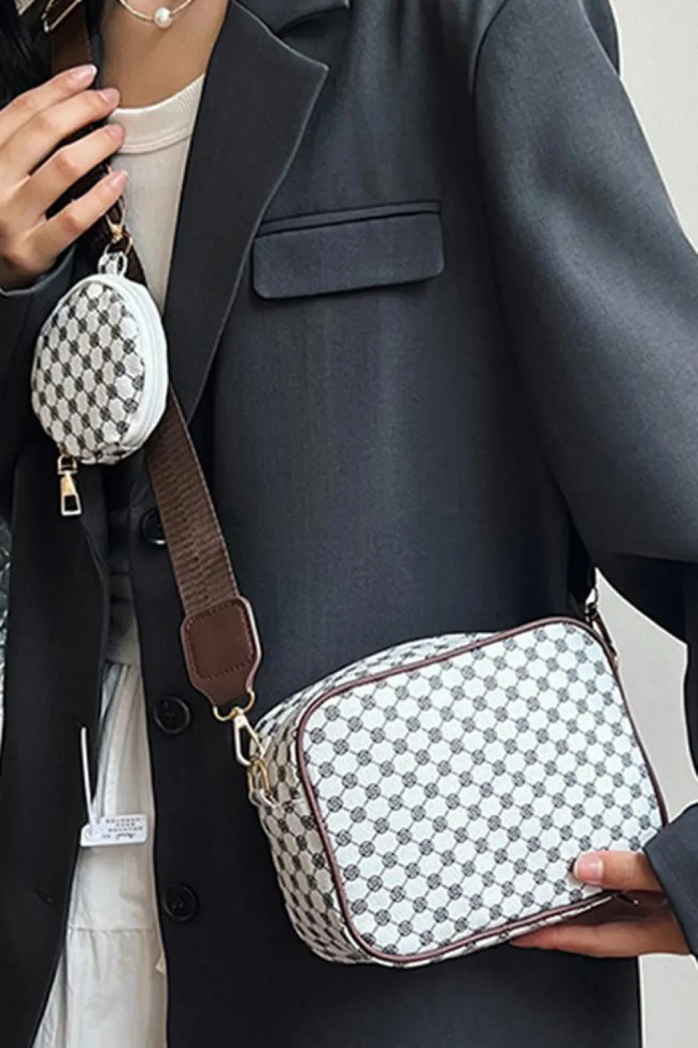 Hot Dear-Lover Checkered Print PU Leather Shoulder Bag with Coin Wallet White