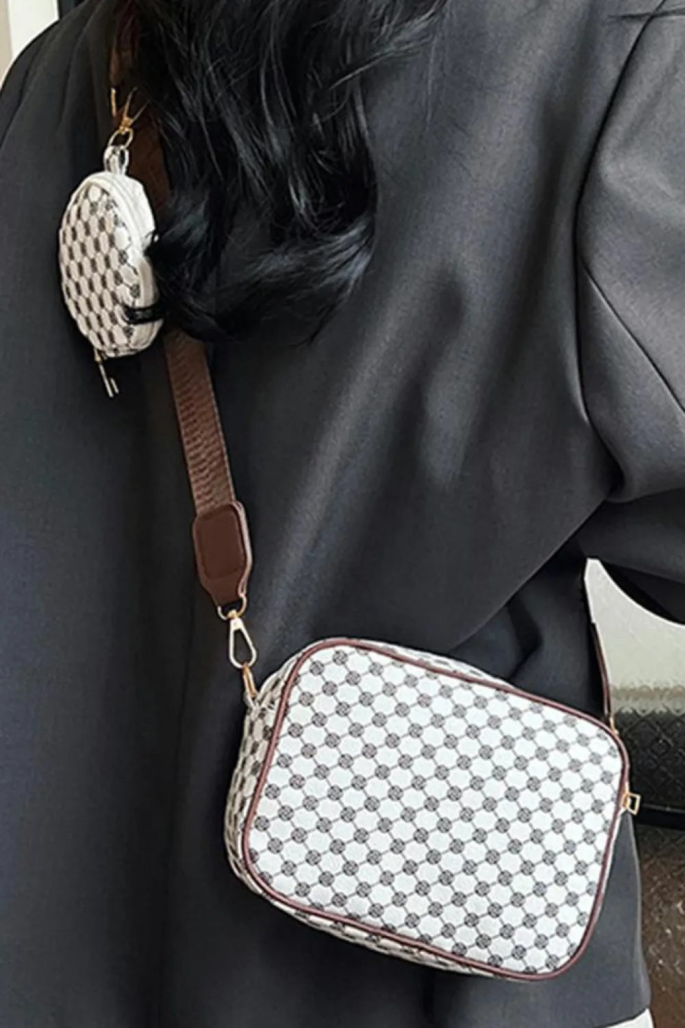 Hot Dear-Lover Checkered Print PU Leather Shoulder Bag with Coin Wallet White