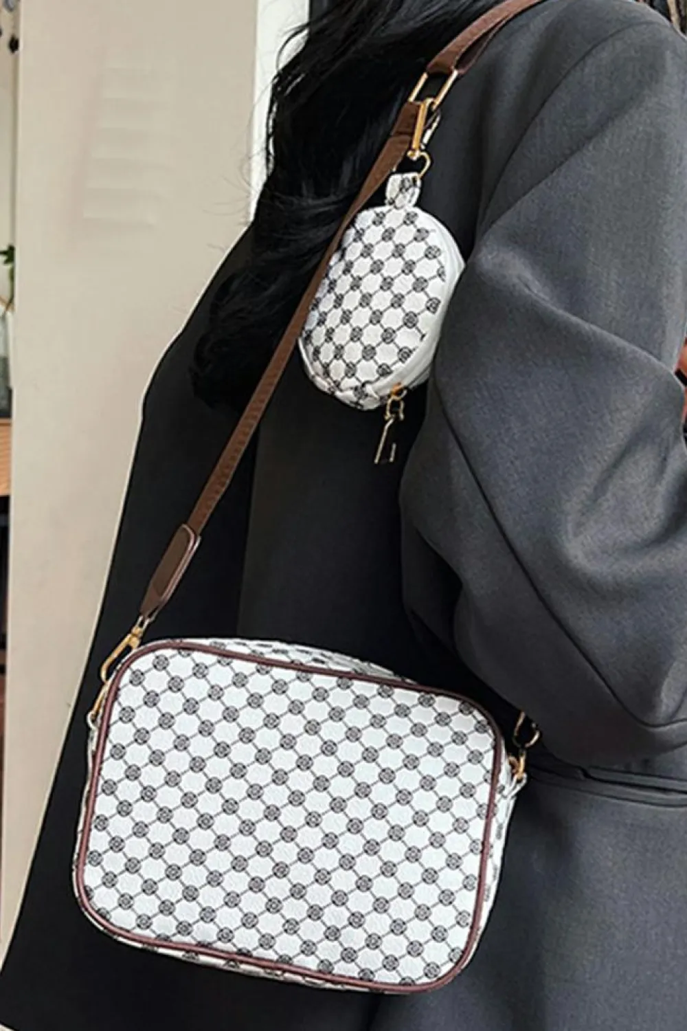 Hot Dear-Lover Checkered Print PU Leather Shoulder Bag with Coin Wallet White