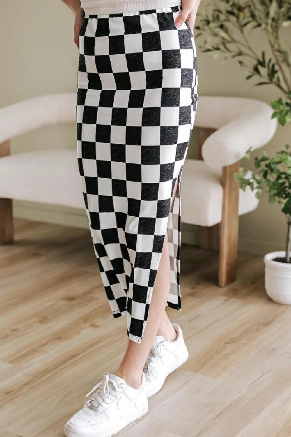 Outlet Dear-Lover Checkered Print Side Slit High Waist Midi Skirt White