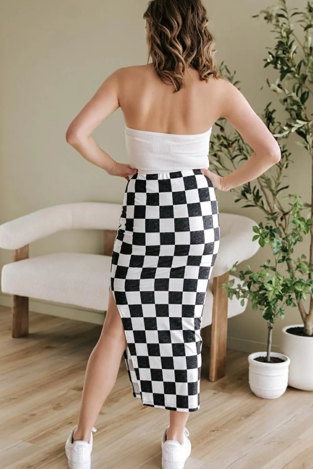 Outlet Dear-Lover Checkered Print Side Slit High Waist Midi Skirt White
