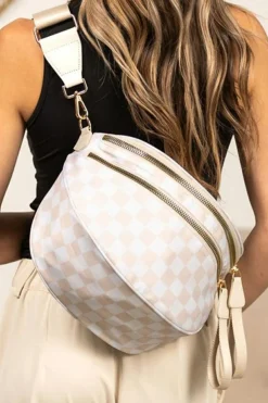 Clearance Dear-Lover Checkered Print Wide Strap Large Crossbody Bag White