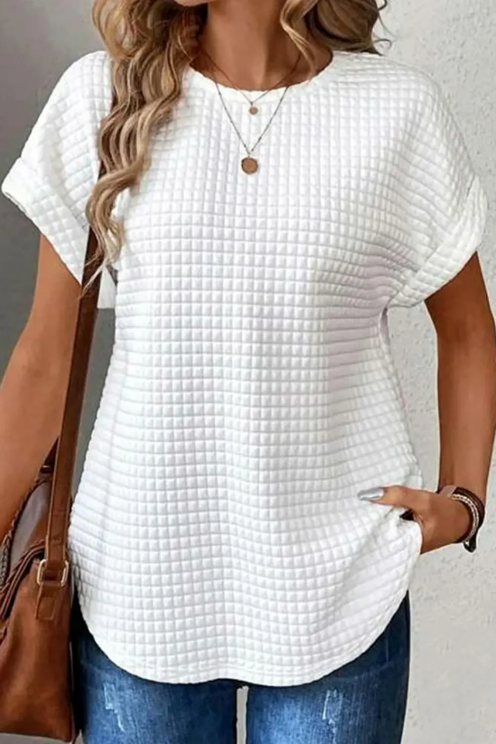 Fashion Dear-Lover Checkered Textured Bat Sleeve T Shirt White