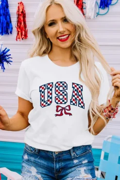 Outlet Dear-Lover Checkered USA Graphic Casual Tee White