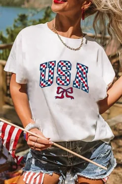 Outlet Dear-Lover Checkered USA Graphic Casual Tee White