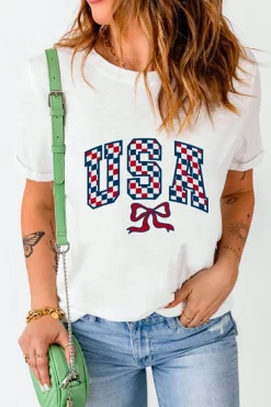 Outlet Dear-Lover Checkered USA Graphic Casual Tee White