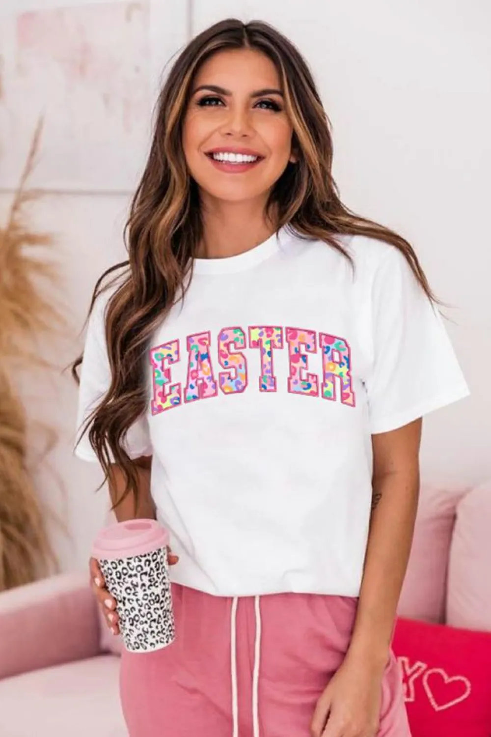 Discount Dear-Lover Cheerful Leopard EASTER Letter Graphic Tee White