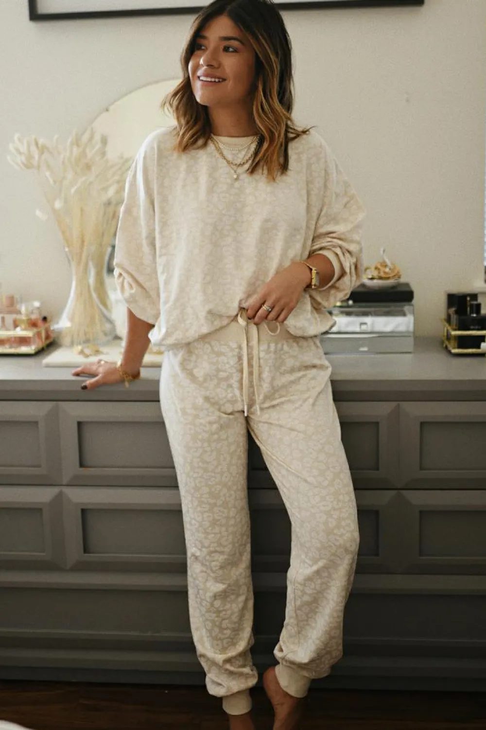 Fashion Dear-Lover Cheetah Print Two Piece Loose Fit Cozy Loungewear White