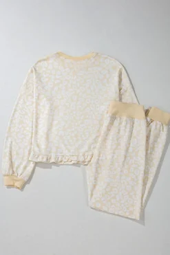 Fashion Dear-Lover Cheetah Print Two Piece Loose Fit Cozy Loungewear White