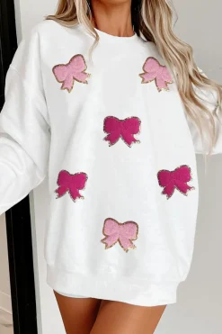 Sale Dear-Lover Chenille Bowknot Graphic Drop Shoulder Baggy Sweatshirt White