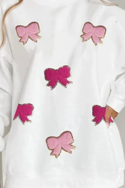 Sale Dear-Lover Chenille Bowknot Graphic Drop Shoulder Baggy Sweatshirt White