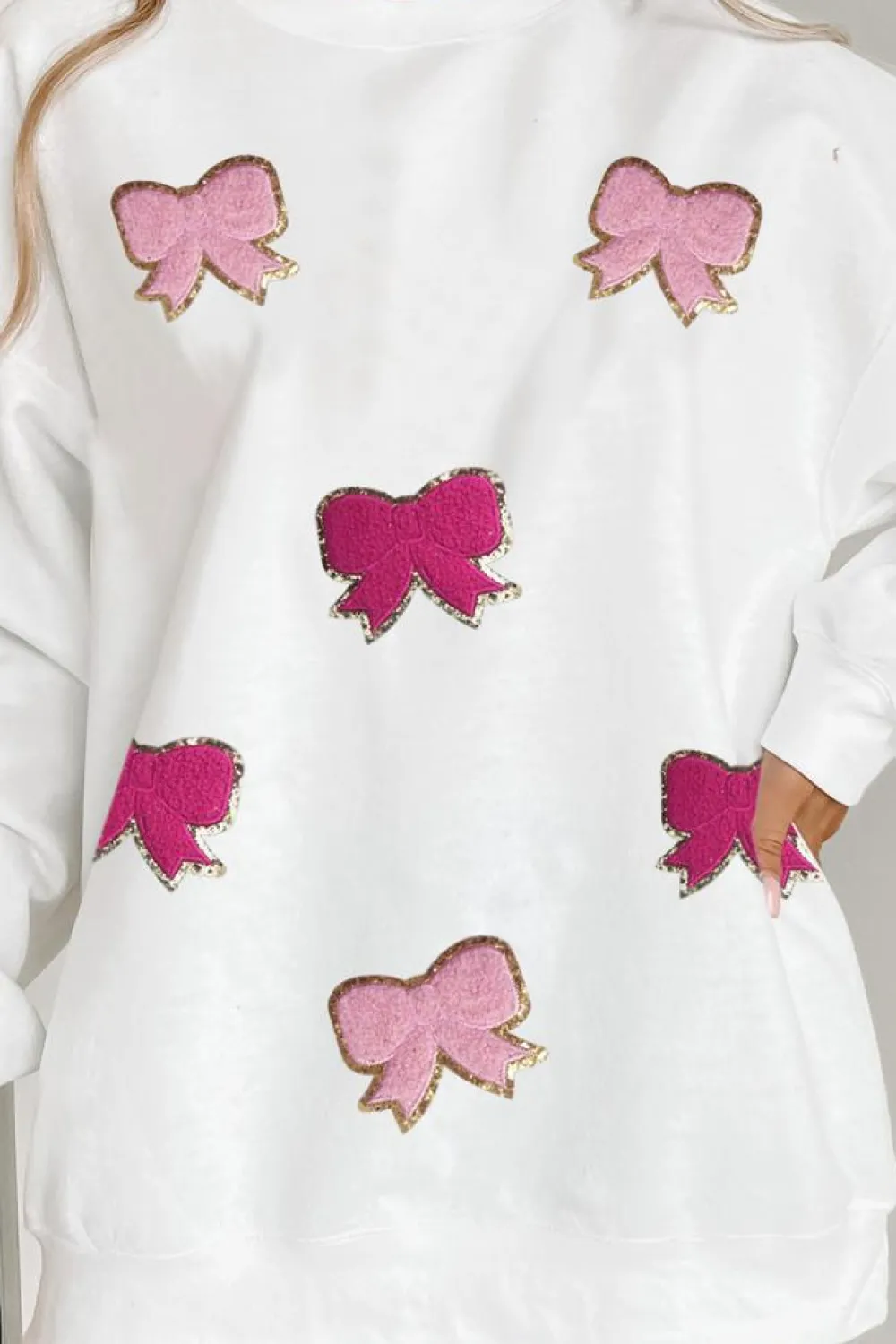 Sale Dear-Lover Chenille Bowknot Graphic Drop Shoulder Baggy Sweatshirt White