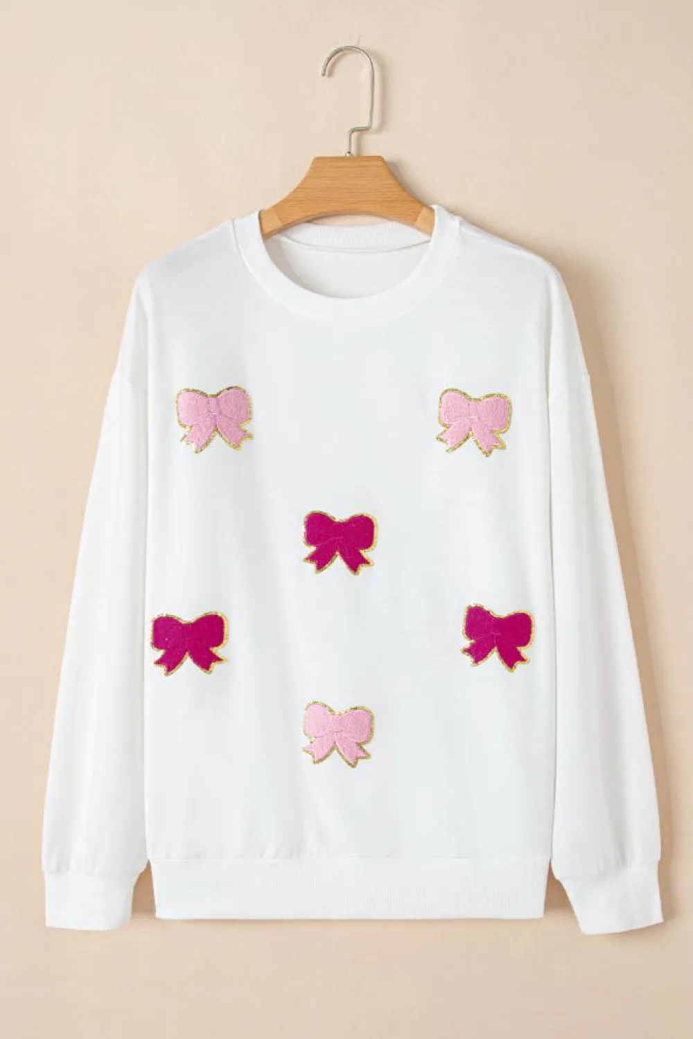Sale Dear-Lover Chenille Bowknot Graphic Drop Shoulder Baggy Sweatshirt White