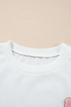 Sale Dear-Lover Chenille Bowknot Graphic Drop Shoulder Baggy Sweatshirt White