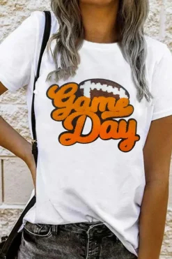 Best Dear-Lover Chenille Game Day Rugby Football Pattern Crewneck T Shirt White