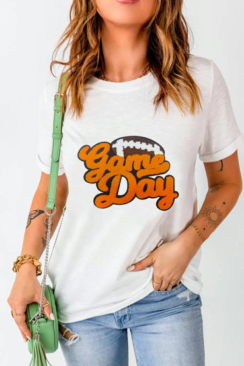 Best Dear-Lover Chenille Game Day Rugby Football Pattern Crewneck T Shirt White