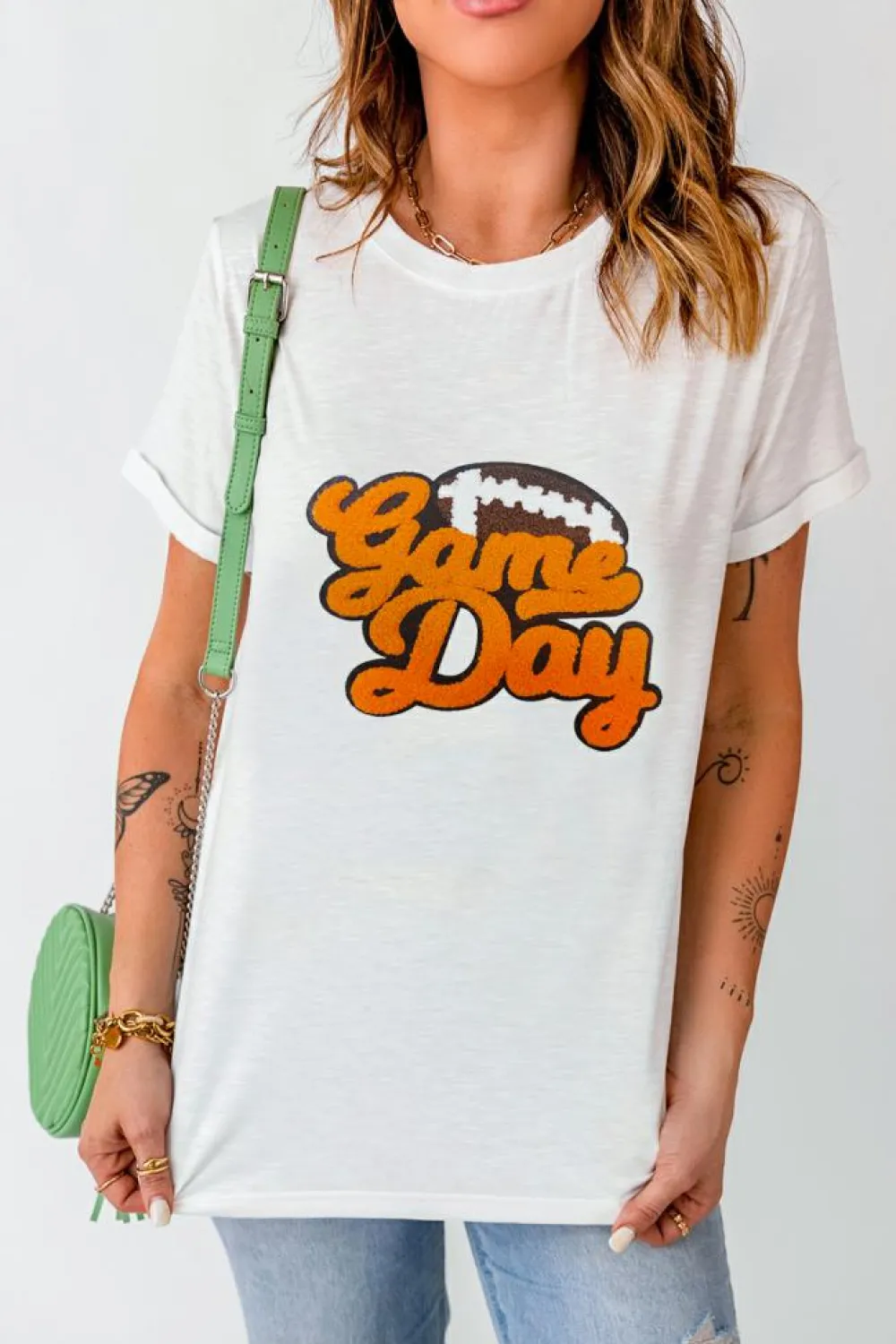 Best Dear-Lover Chenille Game Day Rugby Football Pattern Crewneck T Shirt White