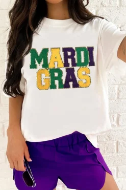 Clearance Dear-Lover Chenille MARDI GRAS Patched Graphic T Shirt White