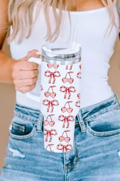 Hot Dear-Lover Cherry Bowknot Stylish Large Tumbler with Handle 40oz White