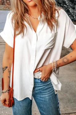 Clearance Dear-Lover Chest Pocket Buttoned Rolled Short Sleeve Shirt White