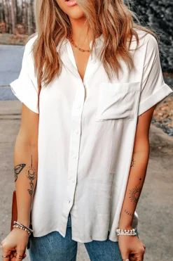 Clearance Dear-Lover Chest Pocket Buttoned Rolled Short Sleeve Shirt White