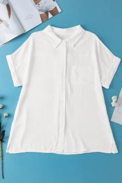 Clearance Dear-Lover Chest Pocket Buttoned Rolled Short Sleeve Shirt White
