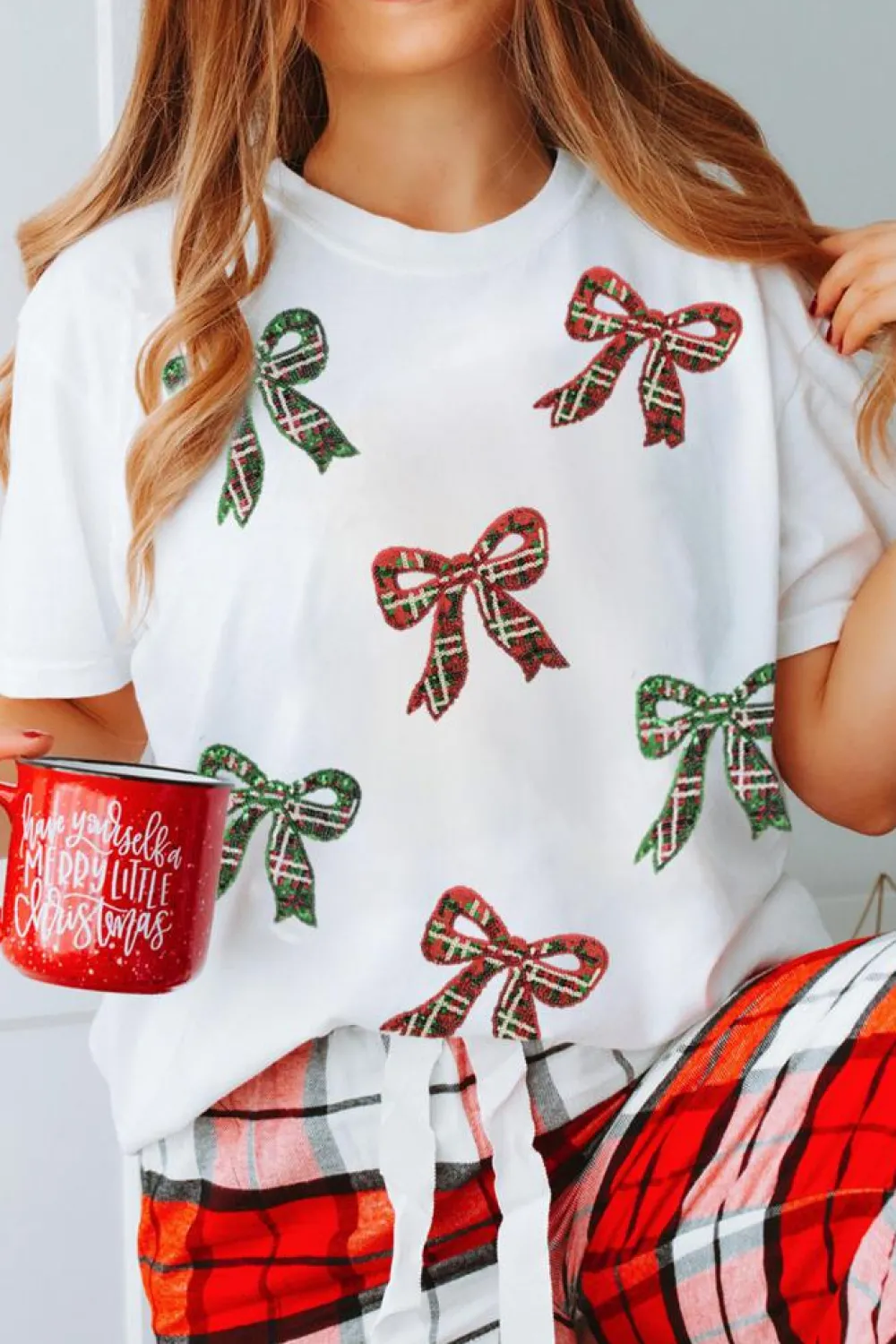 Online Dear-Lover Christmas Bowknot Graphic Cotton Blend T Shirt White