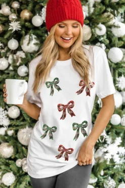 Online Dear-Lover Christmas Bowknot Graphic Cotton Blend T Shirt White