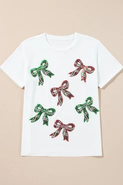 Online Dear-Lover Christmas Bowknot Graphic Cotton Blend T Shirt White