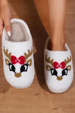 Hot Dear-Lover Christmas Cartoon Pattern Plush Slippers White