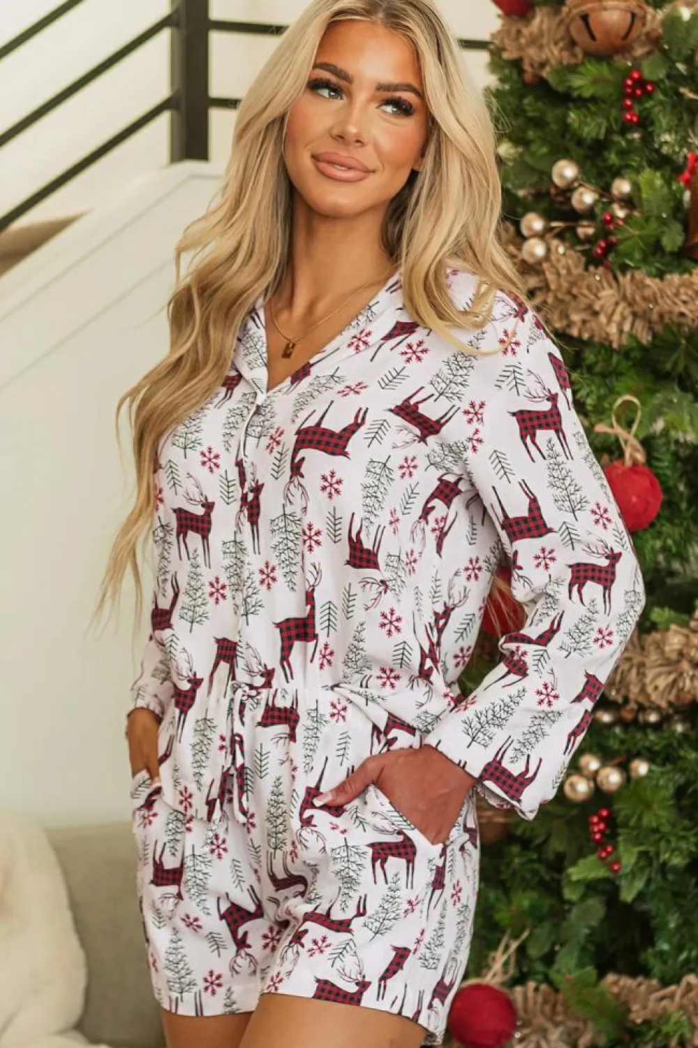 New Dear-Lover Christmas Deer Printed Shirt and Shorts Lounge Set White