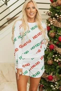 Fashion Dear-Lover Christmas HOHOHO Print Drop Shoulder Pullover and Casual Shorts Set White