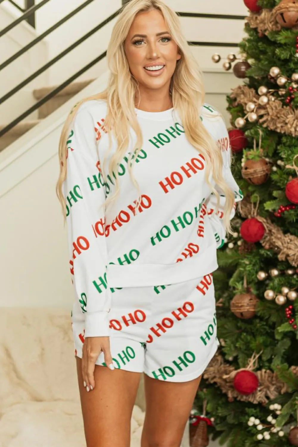 Fashion Dear-Lover Christmas HOHOHO Print Drop Shoulder Pullover and Casual Shorts Set White