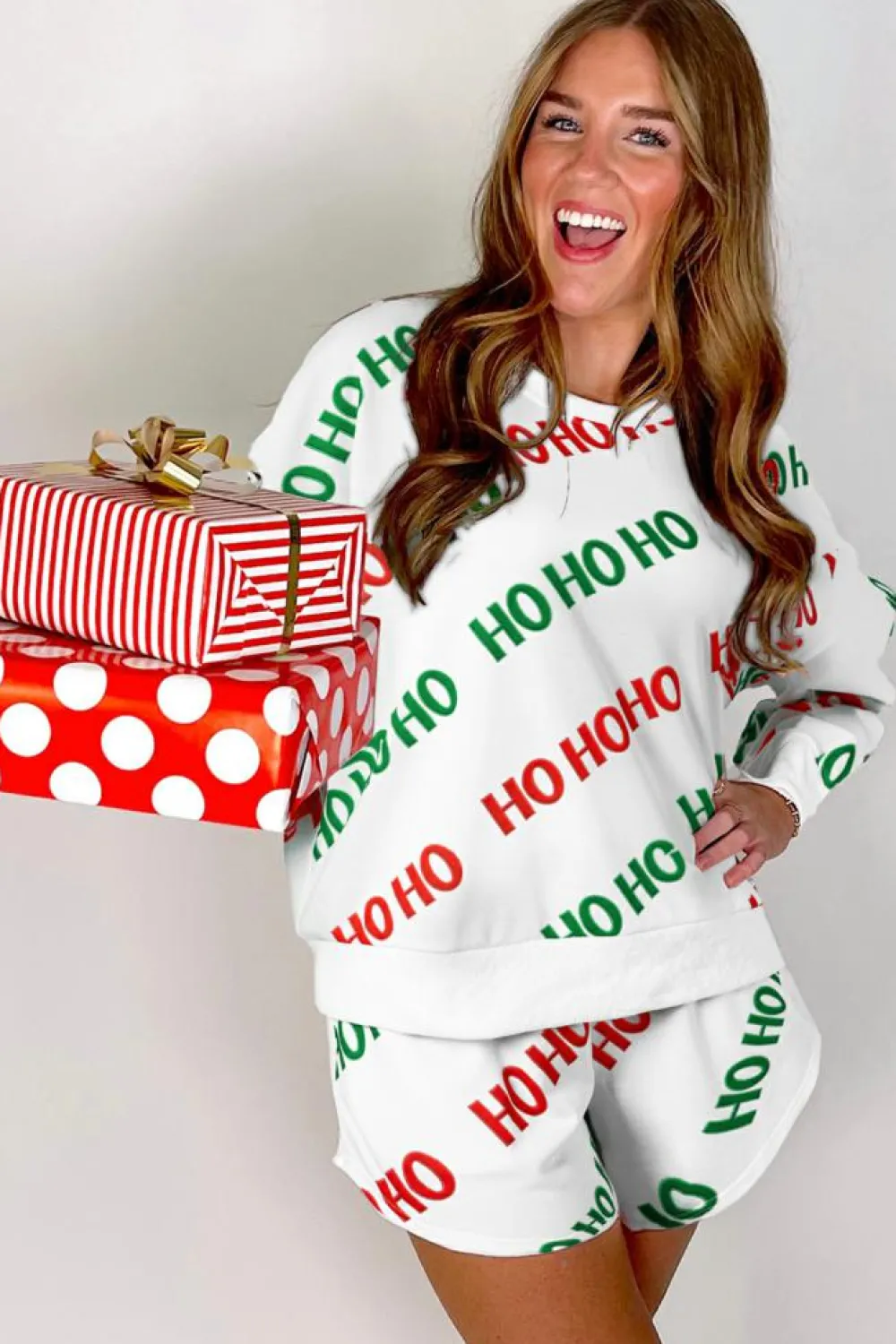 Fashion Dear-Lover Christmas HOHOHO Print Drop Shoulder Pullover and Casual Shorts Set White