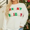 Best Dear-Lover Christmas MERRY & Bright Chenille Graphic Sherpa Sweatshirt White