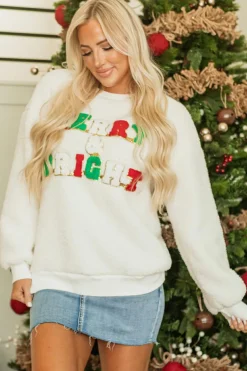 Best Dear-Lover Christmas MERRY & Bright Chenille Graphic Sherpa Sweatshirt White