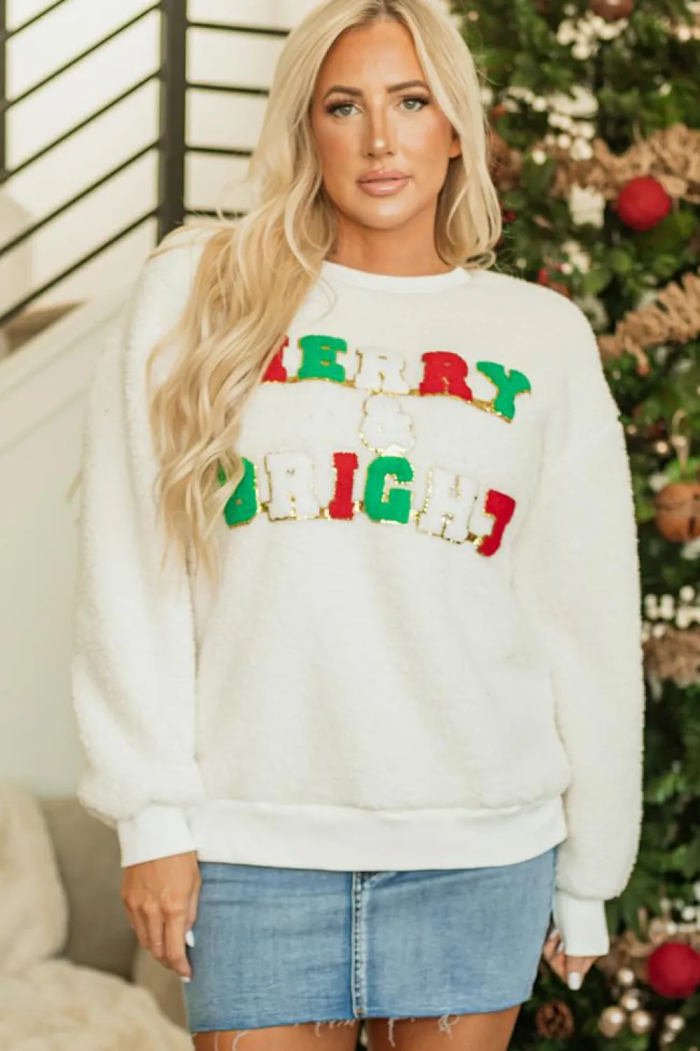 Best Dear-Lover Christmas MERRY & Bright Chenille Graphic Sherpa Sweatshirt White