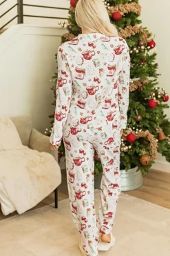 New Dear-Lover Christmas Pattern Long Sleeve Shirt and Pants Pajama Set White