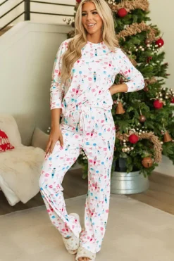 Discount Dear-Lover Christmas Pattern Long Sleeve Top and Wide Leg Pants Set White