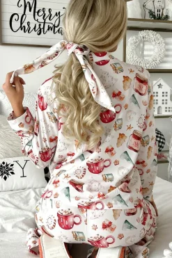 New Dear-Lover Christmas Pattern Long Sleeve Shirt and Pants Pajama Set White