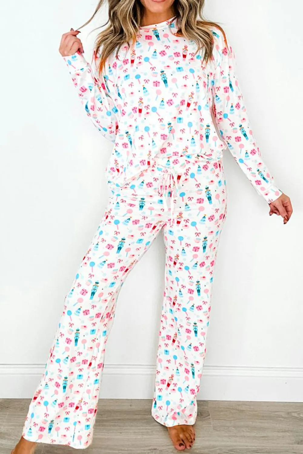 Discount Dear-Lover Christmas Pattern Long Sleeve Top and Wide Leg Pants Set White