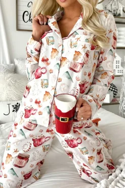 New Dear-Lover Christmas Pattern Long Sleeve Shirt and Pants Pajama Set White