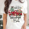 Discount Dear-Lover Christmas Pattern Slogan Print Crew Neck T Shirt White