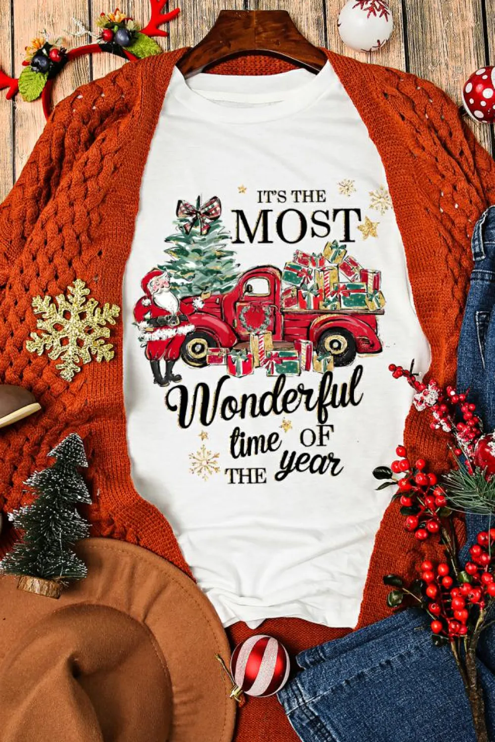 Discount Dear-Lover Christmas Pattern Slogan Print Crew Neck T Shirt White