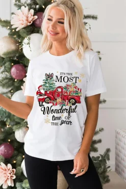 Discount Dear-Lover Christmas Pattern Slogan Print Crew Neck T Shirt White