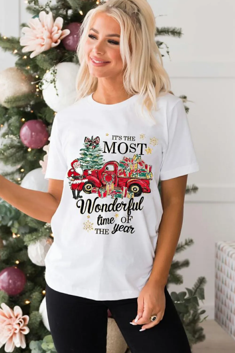 Discount Dear-Lover Christmas Pattern Slogan Print Crew Neck T Shirt White