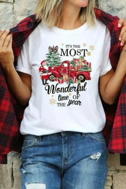 Discount Dear-Lover Christmas Pattern Slogan Print Crew Neck T Shirt White